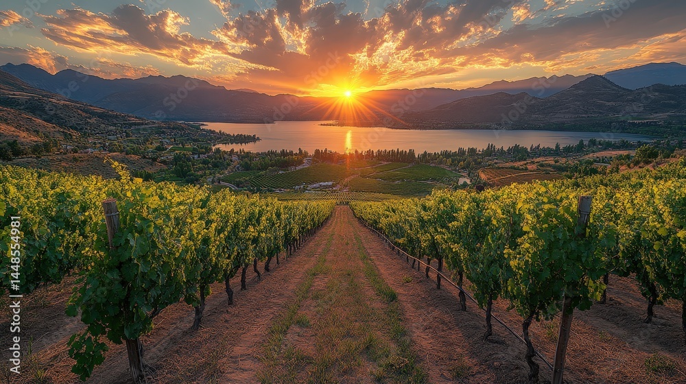 Fototapeta premium Dramatic sunset over vineyards and lake.