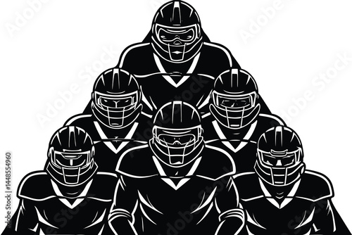 Football Team Vector Illustration with Helmet, Protective Gear, and Uniform, in Black and White.