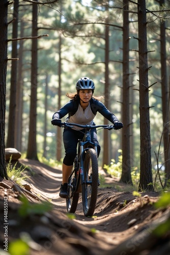 Action Shot: Asian Woman Descending Challenging Mountain Bike Trail in Forest with Safety Gear