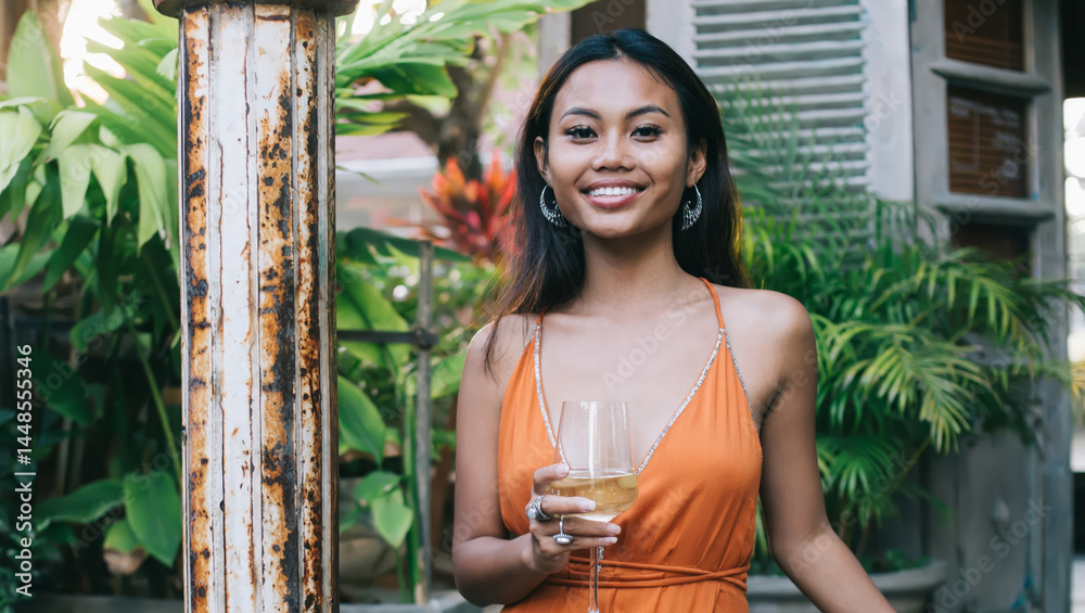 Content young ethnic woman with wineglass on restaurant terrace