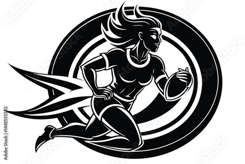 Dynamic Vector Illustration of Female Rugby Player Running with Ball on Circular Backdrop.