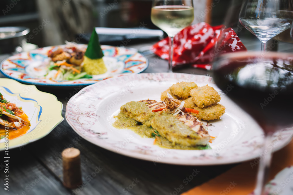 Served table with delicious food and wine Served table with delicious food and wine