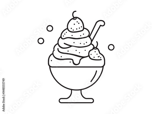 Delicious Ice Cream Sundae Line Art Vector Illustration