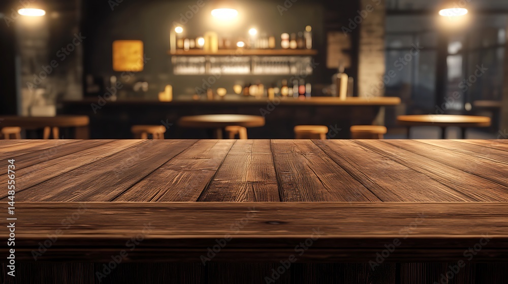 rustic wooden bar counter in dimly lit pub interior warm amber lighting highlighting wood grain empty bar stools awaiting patrons bottles silhouetted in background. Generative Ai rustic wooden bar counter in dimly lit pub interior warm amber lighting highlighting wood grain empty bar stools awaiting patrons bottles silhouetted in background. Generative Ai