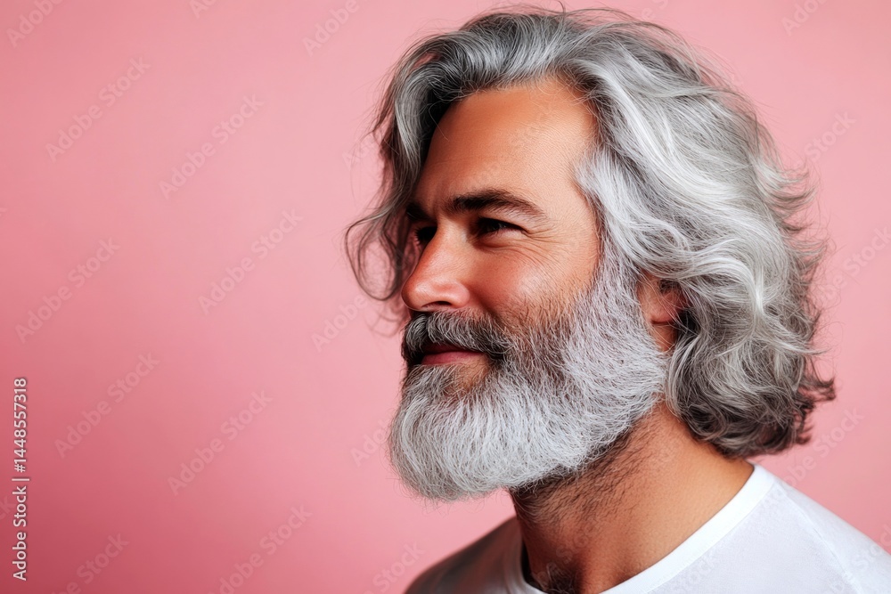 Concept art of style for aging men. A gentle and elegant man with a warm presence. Pink solid background. Chic men's side part haircut - midlife white man with grey hair.