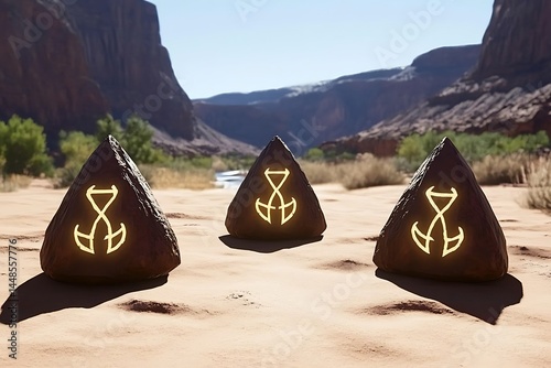 symbols crystals growing out of canyon floor glowing with runic Giant