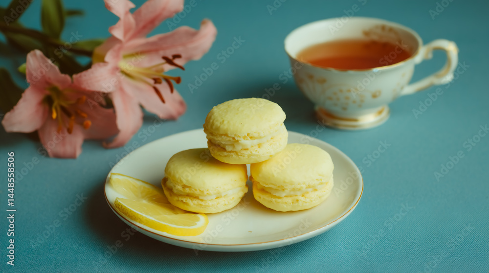 Lemon yellow macarons on a white plate, lemon slices, and a tea set on a blue table with lily flowers. Lemon yellow macarons on a white plate, lemon slices, and a tea set on a blue table with lily flowers.