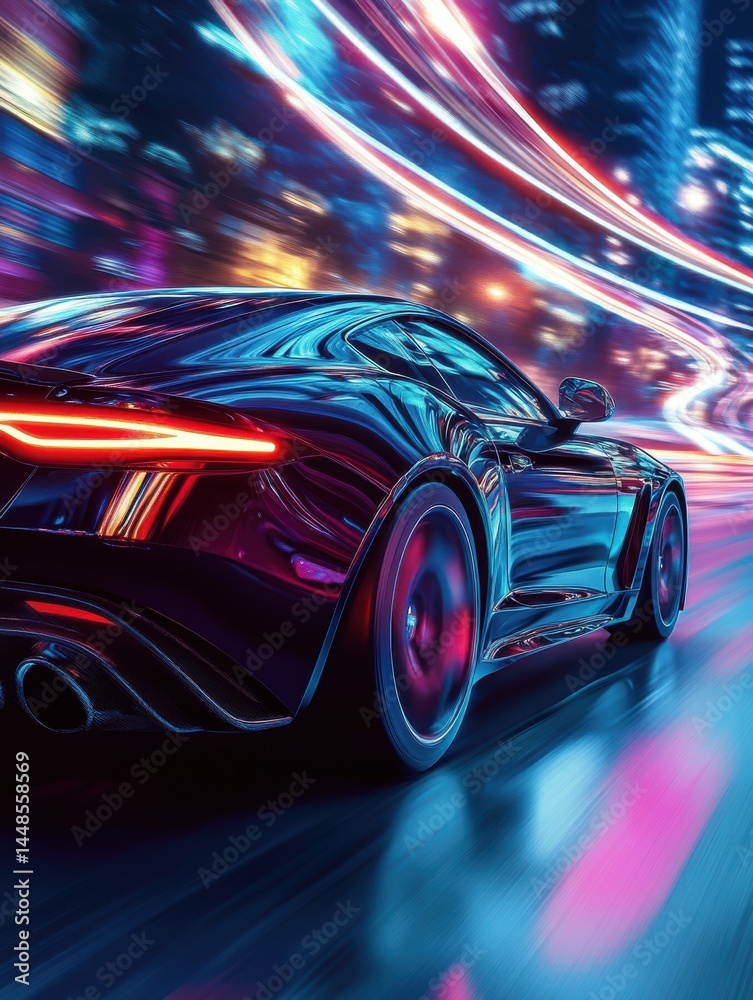 A stunning image of modern shiny blue car on street night city, back side view. car racing on track, leaving neon trail of lights from back.