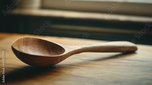 Close-up of a handmade wooden ladle on a wooden surface.