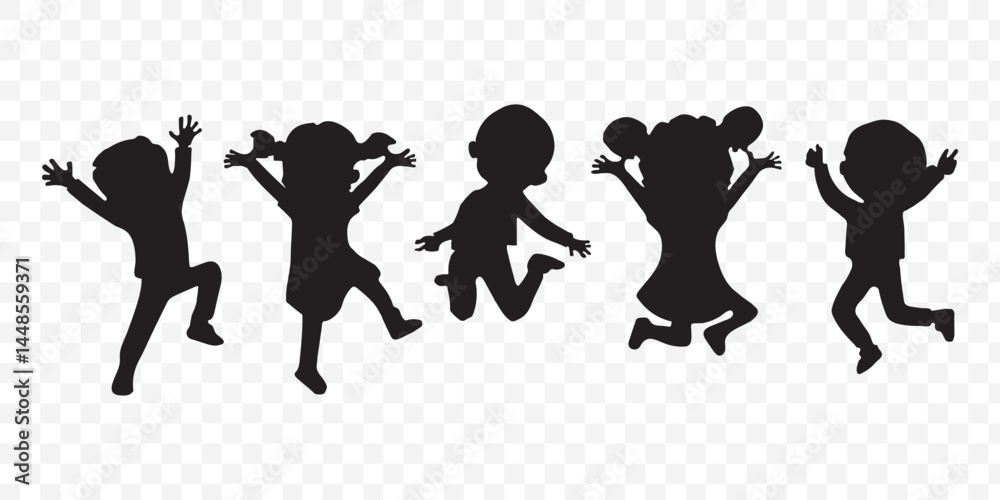 Obraz premium Black silhouette of children jumping for joy. Active kids jumping or trampolining, outline elements collection, flat vector isolated on white background. Summer entertainments and attraction. EPS 10.