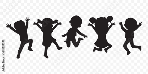 Black silhouette of children jumping for joy. Active kids jumping or trampolining, outline elements collection, flat vector isolated on white background. Summer entertainments and attraction. EPS 10.