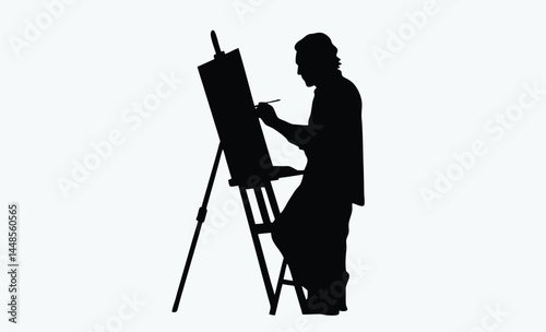 "Artist painting canvas silhouette, man silhouette, easel art, vector illustration, black and white, creative scene
"