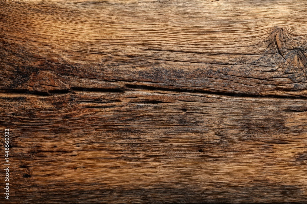 Naklejka premium Close-up of rustic weathered wooden texture with rich brown tones and prominent grain patterns.