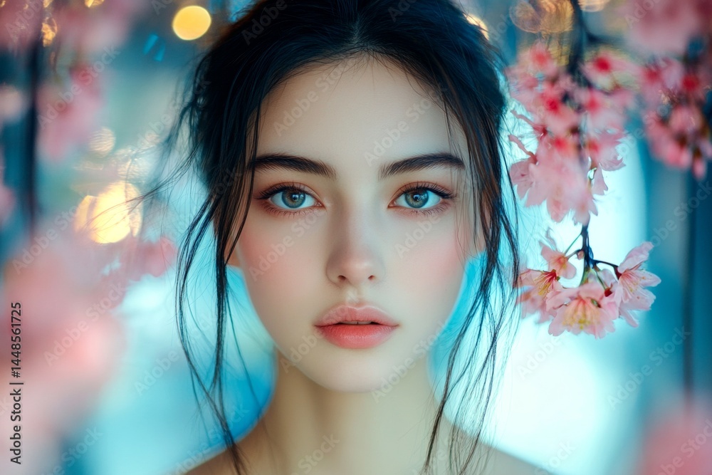 Spring mood, dark night and warm mystic light - complementary lighting. Attractive caucasian young woman surrounded by cherry blossoms. Commercial idea. Bright woman in floral park.