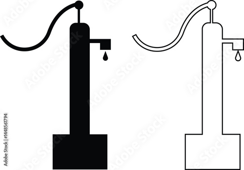 Hand pump or manual pump icon set. Consist of spout deep well, lever handle, pipe and body above ground at outdoor, garden for suction source groundwater from shallow borehole at countryside isolated.