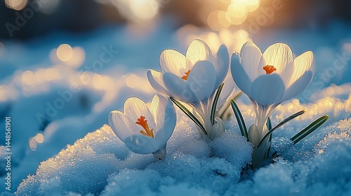 Wallpaper Mural White crocus flowers emerge from snow at sunset; spring Torontodigital.ca