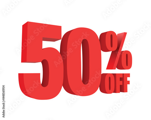 50 percent off discount text graphic in bold red 3D letters, promotional sale banner icon, marketing design element for advertising retail offers and deals