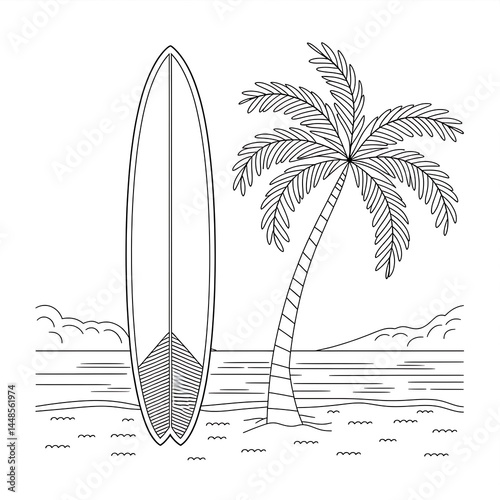 Surfboard Palm Tree on Beach Coloring Page. easy to color, kids coloring sheet