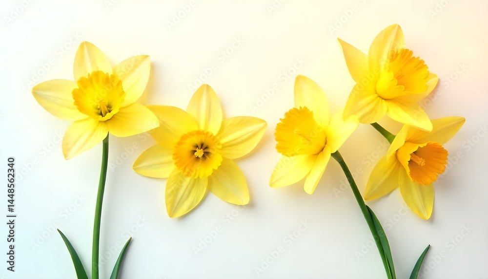 Fototapeta premium flat lay of yellow narcissus flowers on white