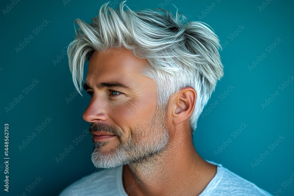 Concept art of style for aging men. Blue solid background. Classy men's shoulder-length taper haircut - midlife white man with white hair. A peaceful and elegant male enjoying his moment.