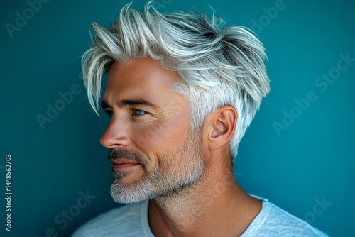 Obraz na płótnie Concept art of style for aging men. Blue solid background. Classy men's shoulder-length taper haircut - midlife white man with white hair. A peaceful and elegant male enjoying his moment. w salonie