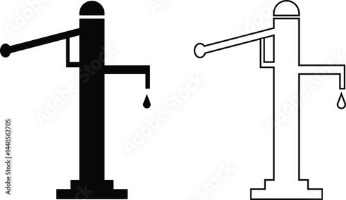 Hand pump or manual pump icon set. Consist of spout deep well, lever handle, pipe and body above ground at outdoor, garden for suction source groundwater from shallow borehole at countryside isolated.