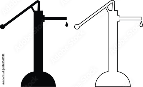 Hand pump or manual pump icon set. Consist of spout deep well, lever handle, pipe and body above ground at outdoor, garden for suction source groundwater from shallow borehole at countryside isolated.