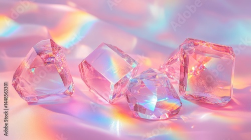 Pink Glass Prisms with Rainbow Reflections on Soft Background 
