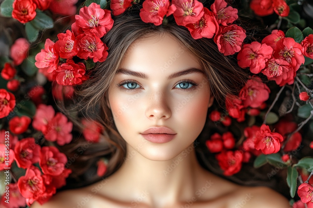 Spring mood, dark night and warm mystic light - complementary lighting. Commercial promotion idea art. Gorgeous brazilian young woman surrounded by cherry blossoms.