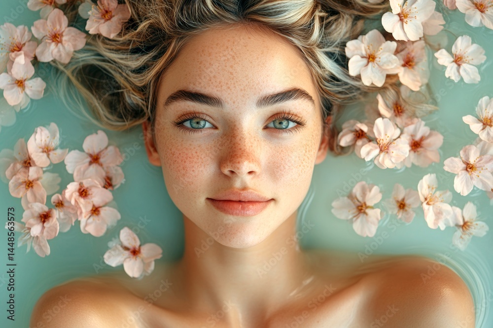 Spring mood, golden hour in sunset. Lovely caucasian young woman surrounded by cherry blossoms. Commercial digital ads visual idea art. Woman in commercial spring shoot with flowers.