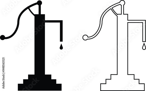 Hand pump or manual pump icon set. Consist of spout deep well, lever handle, pipe and body above ground at outdoor, garden for suction source groundwater from shallow borehole at countryside isolated.