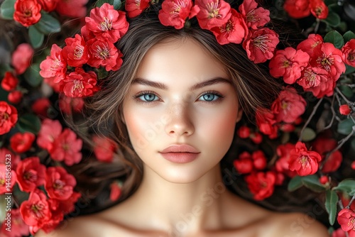 Obraz na płótnie Spring mood, dark night and warm mystic light - complementary lighting. Commercial promotion idea art. Gorgeous brazilian young woman surrounded by cherry blossoms. w salonie