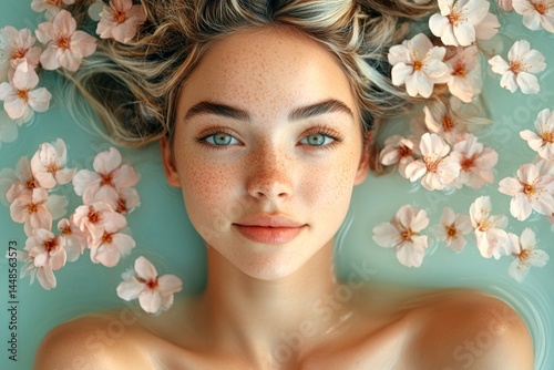Obraz na płótnie Spring mood, golden hour in sunset. Lovely caucasian young woman surrounded by cherry blossoms. Commercial digital ads visual idea art. Woman in commercial spring shoot with flowers. w salonie