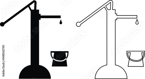 Hand pump or manual pump icon set. Consist of spout deep well, lever handle, pipe and body above ground at outdoor, garden for suction source groundwater from shallow borehole at countryside isolated.