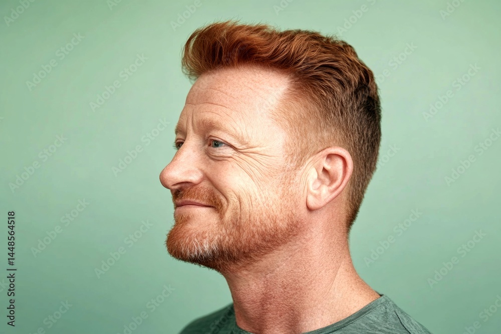 Green solid background. Creative of style for aging men. A chic and vibrant male with effortless elegance. Classy men's classic short back and sides haircut - midlife white man with red hair.