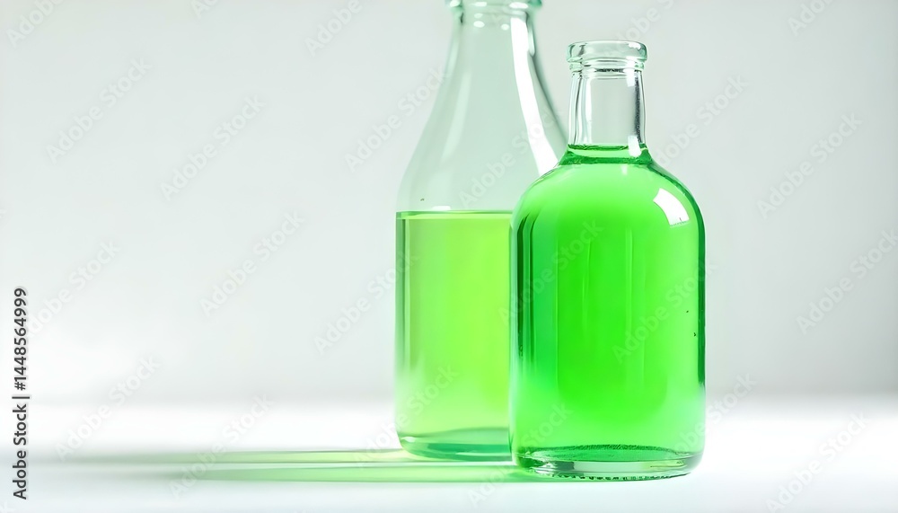 Studio shot of neon green liquid in a modern glass bottle with a minimalist label, isolated on a glossy white surface, high-key lighting, reflection. Studio shot of neon green liquid in a modern glass bottle with a minimalist label, isolated on a glossy white surface, high-key lighting, reflection.