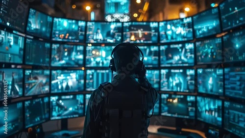 Security Operator Monitors Screens.