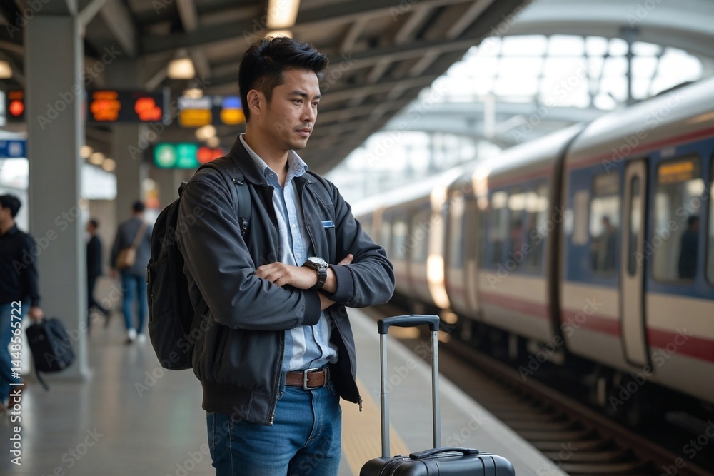 Naklejka premium Patient Asian Man Checking Wristwatch While Waiting with Modern Suitcase on Busy Train Station Platform
