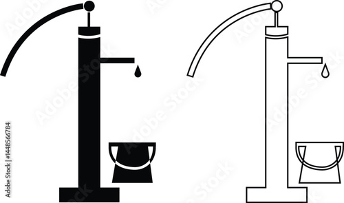 Hand pump or manual pump icon set. Consist of spout deep well, lever handle, pipe and body above ground at outdoor, garden for suction source groundwater from shallow borehole at countryside isolated.