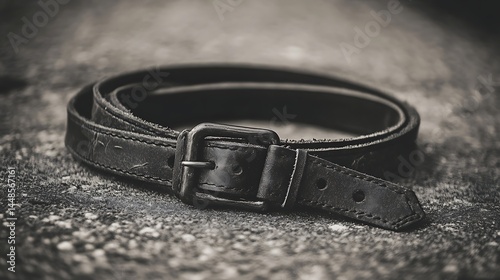Close-up view of a dark leather belt on a textured surface.
