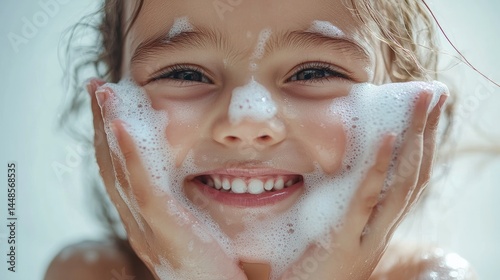 Portrait of a happy little girl washing her face with soap and smiling, isolated on a white background.