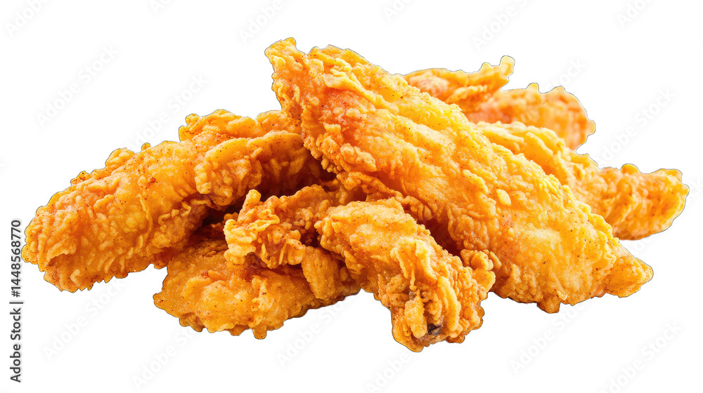 A close-up view of crispy golden fried chicken tenders stacked on a white background. showcasing their crunchy texture. ideal for culinary promotions or food-related content A close-up view of crispy golden fried chicken tenders stacked on a white background. showcasing their crunchy texture. ideal for culinary promotions or food-related content