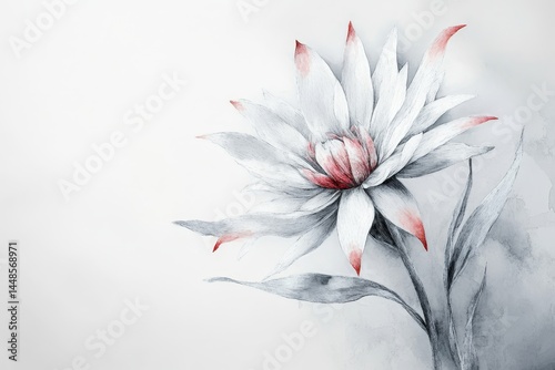 Delicate watercolor painting of a blossom in grayscale and muted tones.