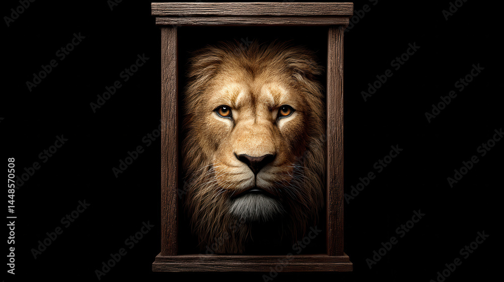 Majestic lion with golden mane is framed within traditional wooden frame, exuding strength and nobility. detailed features and intense gaze capture essence of this magnificent creature Majestic lion with golden mane is framed within traditional wooden frame, exuding strength and nobility. detailed features and intense gaze capture essence of this magnificent creature