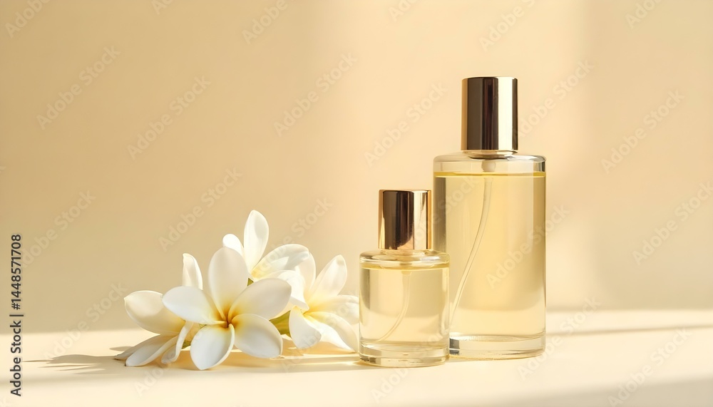 different sized cosmetic glass bottles and few jasmine flowers on beige different sized cosmetic glass bottles and few jasmine flowers on beige