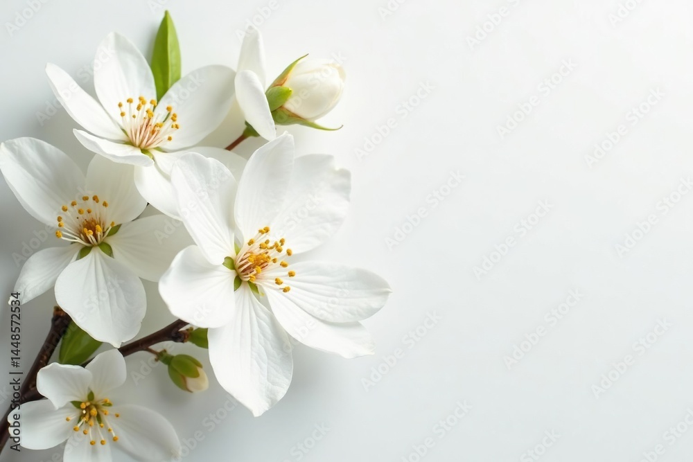 Obraz premium Delicate white blossoms against pure white backdrop, natural, closeup