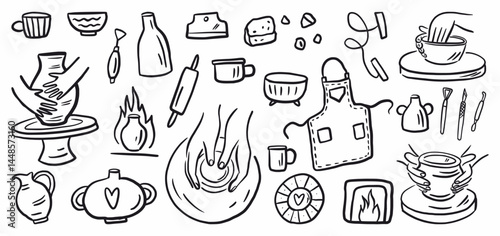 Vector set of pottery workshop elements, tools for handmade clay modeling, hand drawn in doodle style