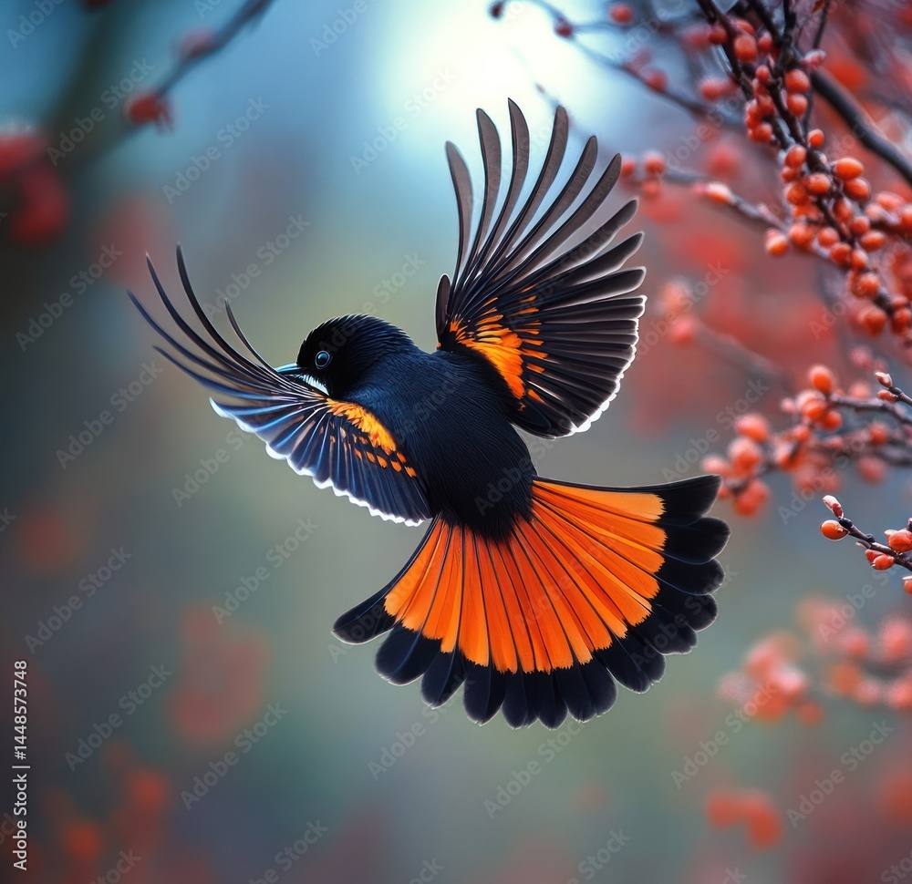 Obraz premium Bird in flight, branches, bokeh. Use for nature wallpaper