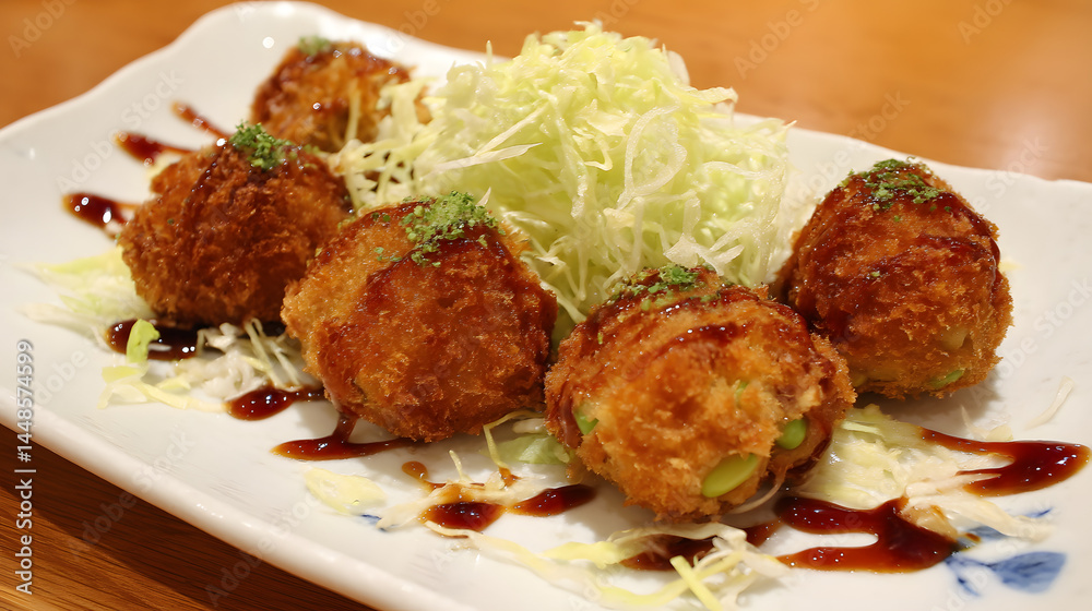 Delicious Healthy Okara Korokke with Fresh Cabbage Garnish on a Plate Delicious Healthy Okara Korokke with Fresh Cabbage Garnish on a Plate