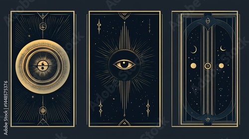 Three mystical tarot-style cards with celestial designs.